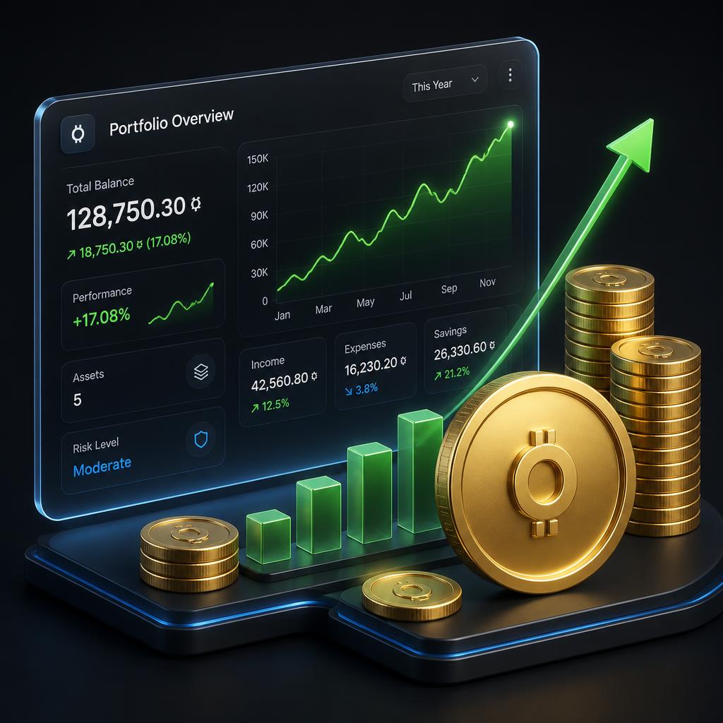 Premium 3D illustration of a gold rupee symbol, coin jar and rising growth chart representing wealth building